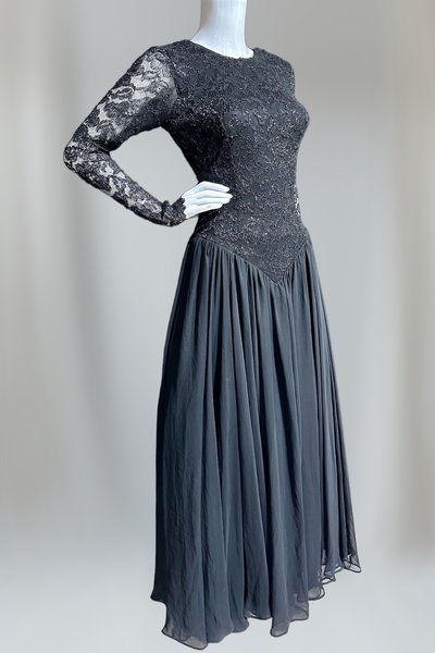 JOHN CHARLES vintage 1980s evening dress, black stretchy lace Jersey Knit with chiffon skirt