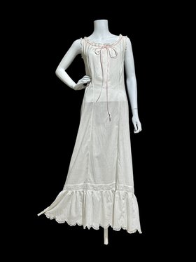 Antique Edwardian slip dress, 1900s 1910s white batiste cotton embroidered drawstring night dress, ruffle bottom