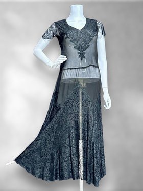 1930s sheer lace evening dress, black see through gossamer weight sheath gown, flutter sleeves and dropped waist