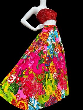 B ALTMAN 1960s psychedelic maxi skirt, op art abstract floral, hot pink red long skirt, elastic waist hippie boho pleated skirt
