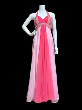 MIKE BENET 1960s vintage evening dress, pink chiffon beaded gown, halter formal evening ball gown