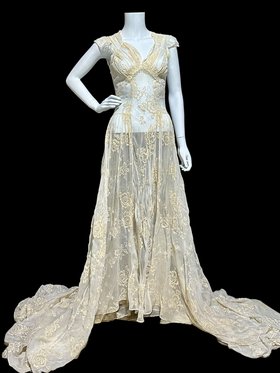 1940s wedding dress, vintage 40s sheer off white flocked silk organza sheath slip gown with train