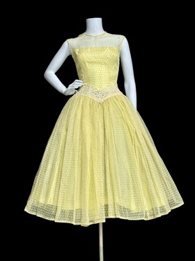 1950s party dress, Sunny pale yellow Swiss dot cupcake prom dress, illusion top dropped waist full circle skirt