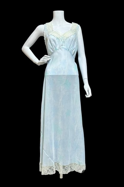 SAAB from I.MAGNIN vintage 1940s nightgown, palest blue floral sheer full length slip dress, Old Hollywood sheer watercolor gown