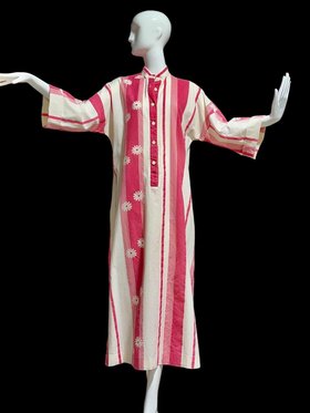 DAVID BROWN for I. MAGNIN, vintage 1970s caftan dress, white and pink stripes and flowers, Button front Hippie Boho Dress