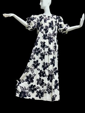 DAVID BROWN for SAKS, vintage 1980s caftan dress, white and black flowers full cut hostess Dress, size large