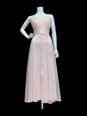 GOTHAM GOLD STRIPE vintage 1950s nightgown, ethereal ballerina pink chiffon double layer Grecian goddess night dress