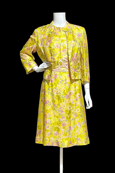 FRANKLIN SHOPS, vintage 1960s dress set, Custom Made 2pc Yellow floral Dinner Ensemble, evening suit, 38 bust