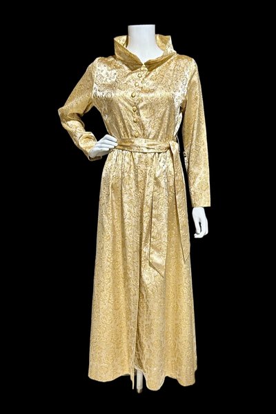 FLOBERT 1940s vintage dressing gown, shiny gold metallic damask button front housecoat hostess dress, 36 bust