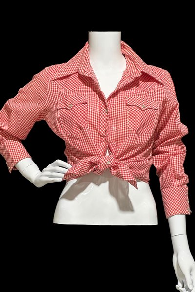 JC PENNEY'S vintage 1970s Red White Gingham western shirt , western apparel, Women's Cotton blend, pearl snaps,