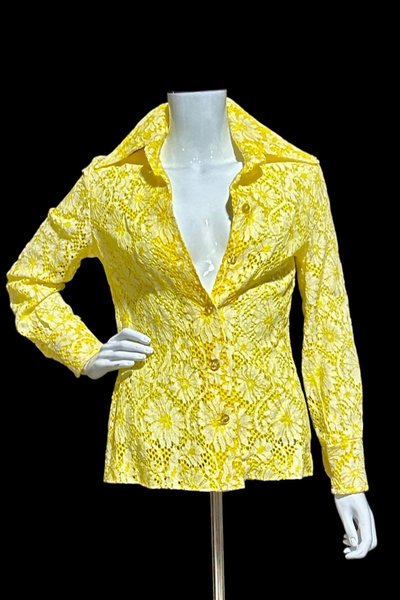 The Roadrunner, vintage 1970s shirt, Yellow lace top shirt blouse