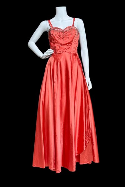 JULIUS GARFINCKEL & CO, 1940s vintage evening gown, Coppery Coral Shiny Silky Liquid Satin Beaded Evening Dress, 34 bust