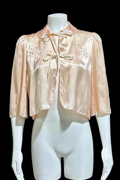 1940s vintage bed night jacket, Shiny pale pink satin with cut work and embroidery evening jacket