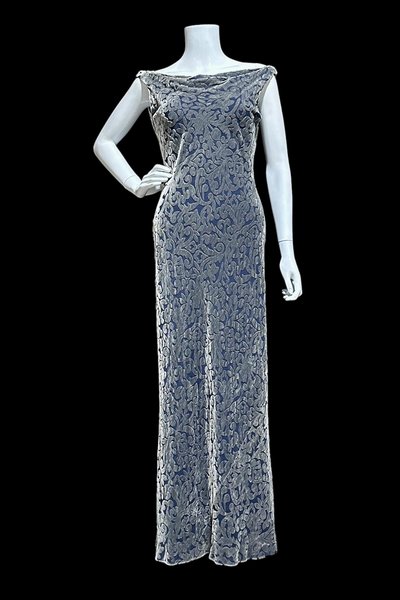 CARMEN MARC VALVO vintage evening dress, silk burnout sheath slip dress, drape neck, wide shoulders and backless, 36 bust