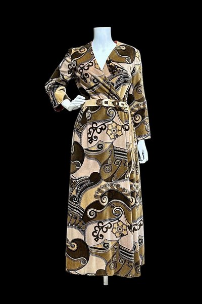 BARD'S TORONTO, vintage maxi evening dress, brown op art velvet hostess gown, dressing gown? Wrap front, 36 bust