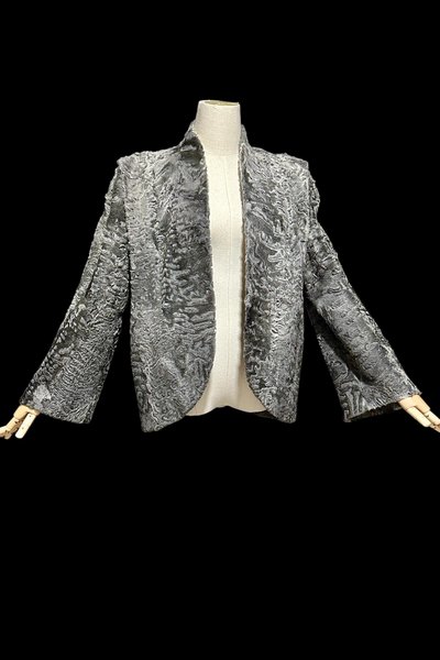 1940s vintage evening coat jacket, Silver Grey Astrakhan Broadtail Lamb jacket, Open front bell sleeves, 42 bust