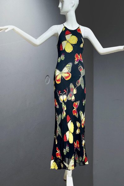 CACHE vintage 1990s Butterfly dress, Bias cut butterfly print sheath slip dress, bodycon maxi dress, cocktail party evening dress