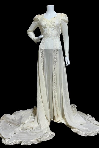 1940s vintage wedding dress, sheer white long sleeve sheath slip gown with train