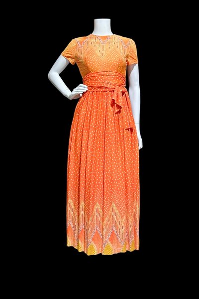 SARMI New York, Vintage Maxi dress, Op Art slinky knit party dress, Orange yellow purple border print gown, New Old Stock, 34 bust