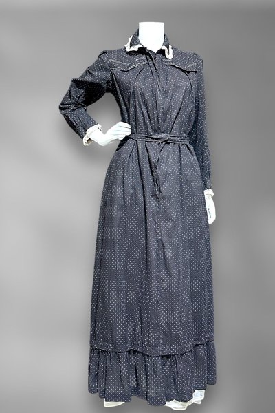 BIBERMAN'S MADE Antique Chore Work Dress, 1800s Black and White dot cotton Prairie day dress, 36 bust