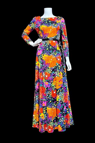 MARVELLA SCREEN PRINT 1970s vintage maxi dress, Bold floral psychedelic flower power jersey knit gown