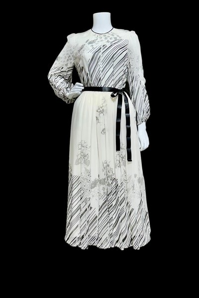 MOLLIE PARNIS by Morty Sussman, 1970s vintage evening dress, chiffon black and white floral poly chiffon gown