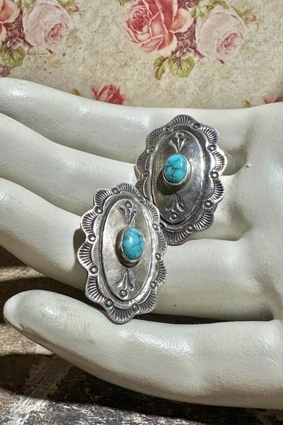 Navajo sterling silver and turquoise vintage earrings, Concho style southwestern native American clip on earrings, artist unknown