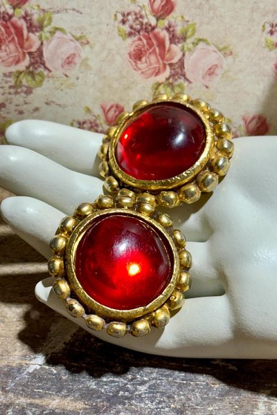 EMANUEL UNGARO vintage 1980s clip earrings, runway statement earrings, shiny red gold glam dynasty