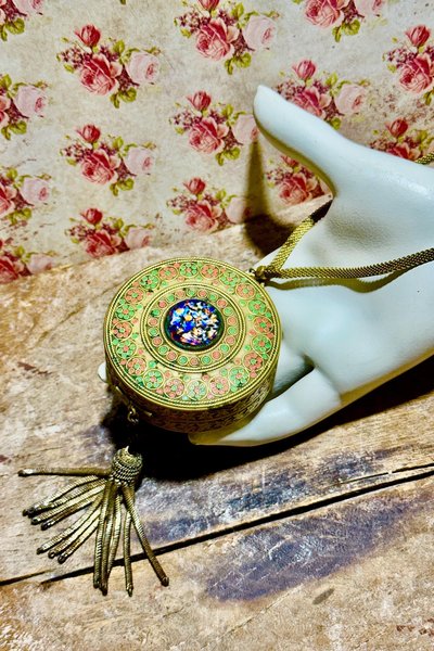 1920s vintage powder dance compact, Antique chatelaine flapper enamel mirrored wrist compact, double powder, blush rouge makeup tassel