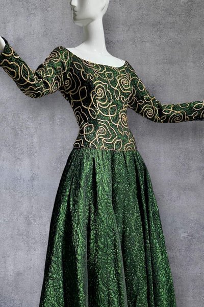 TERENCE NOLDER 1980s vintage ball gown, London Deep green and gold long sleeve ball gown, 40 bust