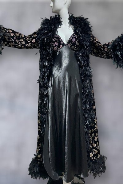 FREDERICK'S of HOLLYWOOD vintage Peignoir nightgown robe set, Black velvet gold roses and FEATHERS