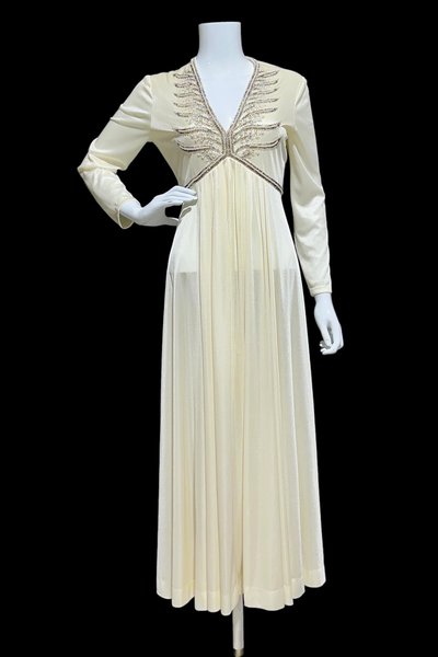 JACK BRYAN 1970s vintage evening gown, white jersey knit beaded maxi dress