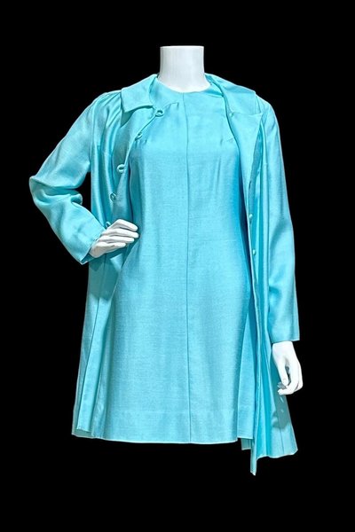 HELEN WHITING vintage 1960s dress set, cocktail dress and coat set, Robin's egg blue Dress and Coat Ensemble, evening suit, 34 bust