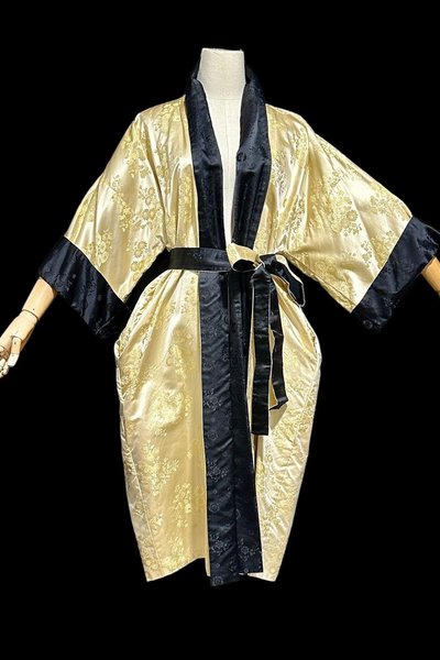 HAYASHI Kimono dressing gown robe, vintage Reversible Gold Black Shiny Silk Satin Japanese evening coat robe, one size