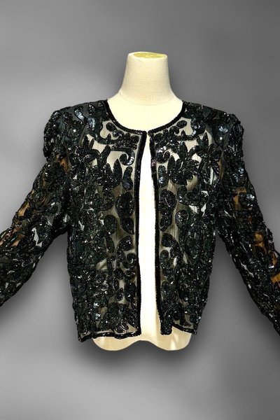 1980s vintage evening jacket, sheer black sequin cocktail party coat, long sleeves hook front, Dynasty Glam, 40 bust