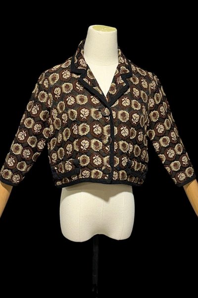 GLORIA SARANSON vintage evening jacket, 1950s cropped top, bolero shrug dinner coat, Black brown floral tapestry, 38 bust