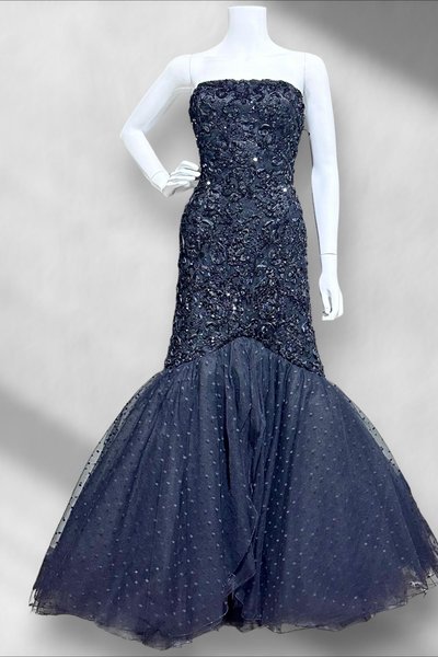 DAVID FIELDEN London, Neiman Marcus 1980s vintage evening dress, Black Mermaid gown