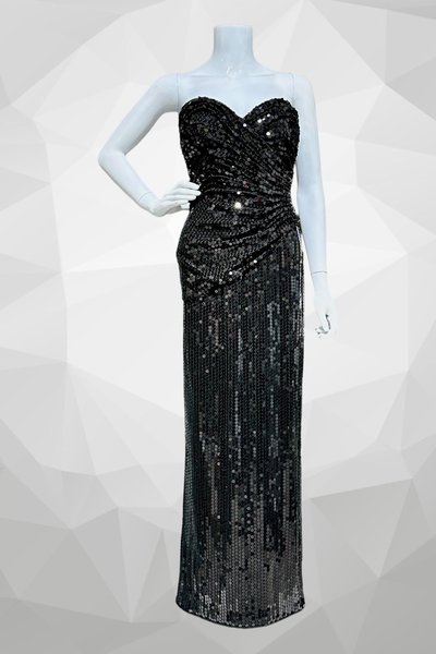 TADASHI 1980s vintage evening gown, prom party dress, all over black sequin, strapless ruched bodice