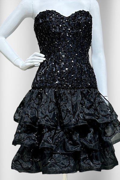 TRACY MILLS 1980s vintage prom dress, Black strapless sequin cocktail dress