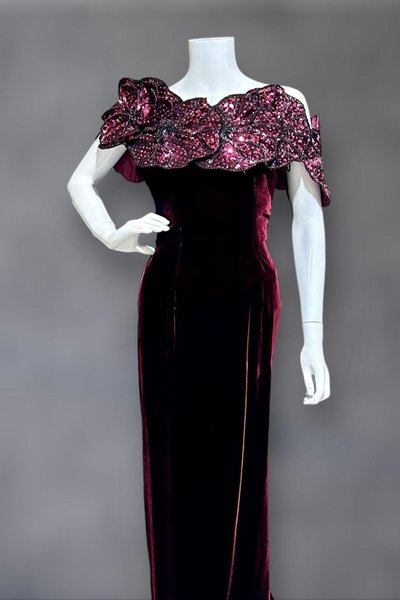 EUGENE ALEXANDER 1980s vintage evening gown, burgundy velvet sheath prom party cocktail dress, HUGE Sequin Flowers, off shoulders