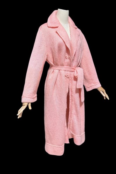 1960s vintage pink mohair coat, Mid Century stroller length open front coat with belt, medium