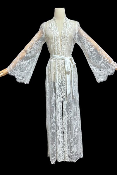 JONQUIL sheer white lace robe, see through feather weight white dressing gown, Wrap front with bell sleeves