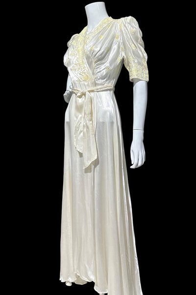 1940s vintage dressing gown, shiny silky white satin and yellow embroidery peignoir housecoat