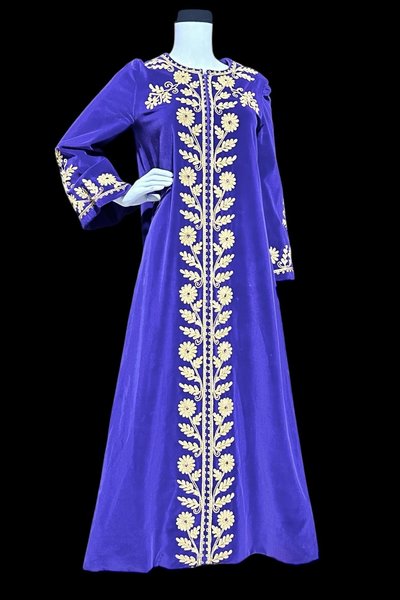 MALOUF Perfect Negligee, vintage evening gown, I. MAGNIN, Royal Purple velvet and gold metallic & rhinestones Kaftan