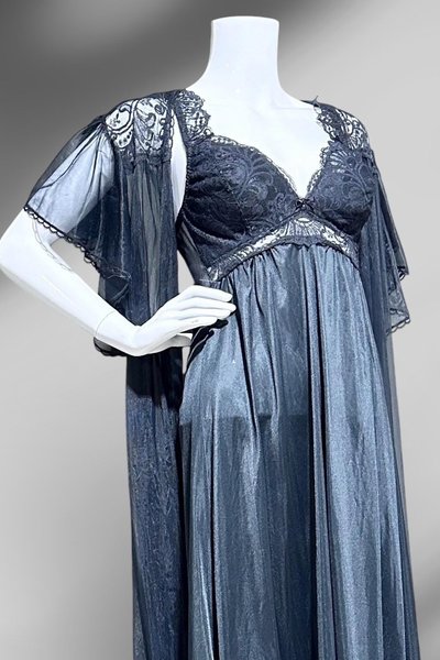 SCAASI vintage black nightgown robe peignoir 2 pc set, sheer dressing gown and slip dress