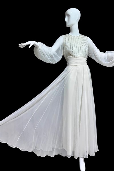 JACK BRYAN vintage evening dress, white chiffon beads and sequins, long sheer puffed sleeves, Palm Royale