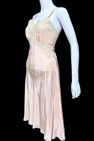 ALIDA The Richly Clad, Vintage 1930s Nightgown Slip Dress, baby pink rayon and lace sheath dress